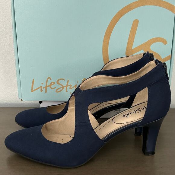 Lifestride Giovanna 2 Pump Heel Sandals Navy Blue 8.5 Wide EUC - Picture 4 of 13
